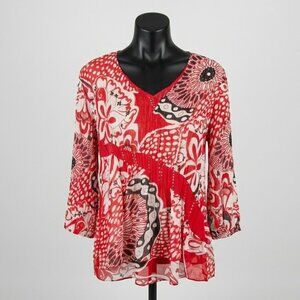 Vintage Alberto Makali Red Floral Crinkle Pleat Blouse L Y2K Whimsigoth Luxe